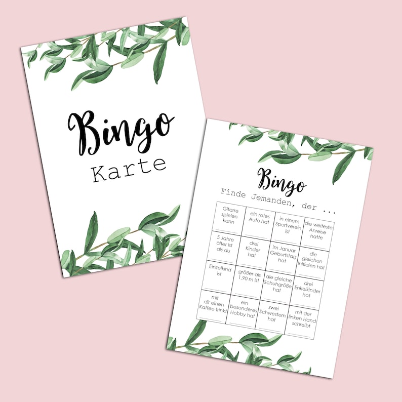 May include: A printable bingo card with a green leafy border. The card has the title "Bingo Karte" and the text "Finde Jemanden, der..." with a list of bingo squares. The squares contain phrases in German.