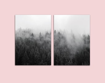 Poster set forest fog, set of 2 posters A3 poster living room, poster set bedroom, wall picture set, poster landscape, poster black and white