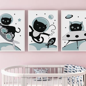 Póster infantil set de 3 gatos, carteles de gatos, carteles habitación infantil, carteles habitación infantil animales, cuadros habitación infantil, carteles habitación infantil niñas