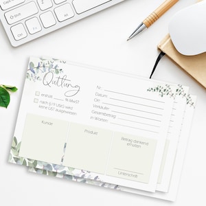 Puede incluir: Un formulario de recibo blanco con un diseño floral verde y azul. El formulario tiene campos para el nombre del cliente, el producto, la cantidad y la firma. El texto "Quittung" está en la parte superior del formulario.