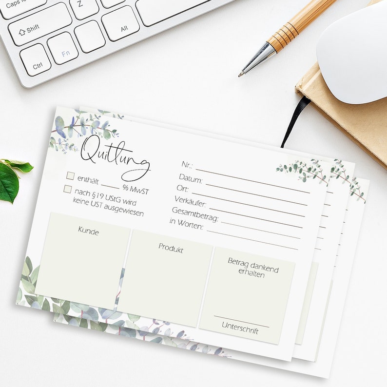 May include: A white receipt form with a green and blue floral design. The form has fields for customer name, product, amount, and signature. The text "Quittung" is at the top of the form.