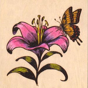 May include: A hand-drawn illustration of a pink lily with a yellow center and a butterfly with orange and black wings. The flower has dark purple shading and green leaves. The background is a light beige color.