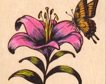 Butterfly on Flower wood burning