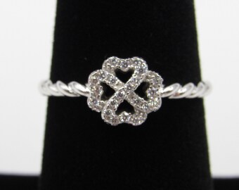 Sterling Silver Ring Size 5, 6, 7 Four Leaf Clover Heart Shaped Clear Cubic Zirconia Diamond Band Handmade Everyday Statement Minimalist