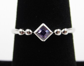 Sterling Silver Ring Size 5, 6, 7 Unique Square Purple Cubic Zirconia Diamond Band Handmade Everyday Statement Minimalist Cute Gift Idea