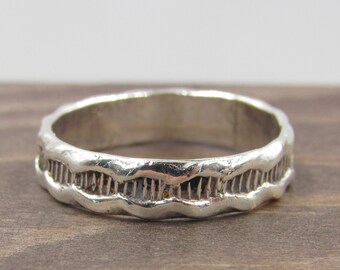 Size 7.25 Sterling Silver Weird Rustic Band Ring Vintage Statement Engagement Wedding Promise Anniversary Bridal Cocktail Special