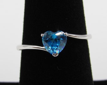 Sterling Silver Ring Size 5, 6, 7 Blue Heart Cubic Zirconia Diamond Band Handmade Everyday Statement Minimalist Cute Gift Idea Promise Love