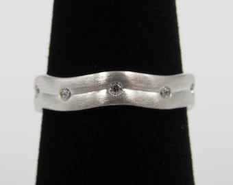Sterling Silver Ring Size 5, 6, 7 Wavy Brushed Clear Cubic Zirconia Diamond Band Handmade Everyday Statement Minimalist Cute Gift Idea Cool