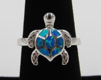 Sterling Silver Ring Size 5, 6, 7 Turtle Blue Opal Band Handmade Everyday Statement Minimalist Gift Idea Bohemian Cute Boho Adorable Special