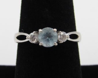 Vintage Size 8 Sterling Silver Blue Topaz & CZ Diamond Band Ring Bohemian Everyday Minimalist Statement Stylish Elegant Cute Unique Special