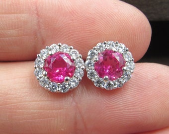 Sterling Silver Pink Sapphire And Cubic Zirconia Halo Stud Earrings