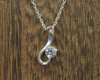 18 Inch Sterling Silver Abstract Shape Single CZ Stone Necklace