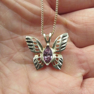 19&quot; Sterling Silver Pink CZ Gem Butterfly Necklace Vintage Minimalist Everyday Simple Beauty Statement Unique Pretty Cute