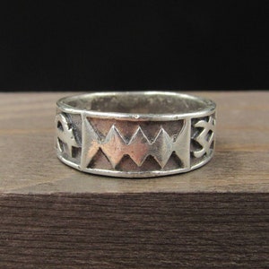 May include: A silver ring with a geometric design. The ring is decorated with a repeating pattern of triangles and circles.