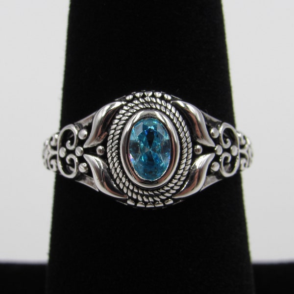 Sterling Silver Ring Size 5, 6, 7 Austere Oval Cut Blue Cubic Zirconia  Diamond Band Handmade Everyday Statement Minimalist Cute Promise