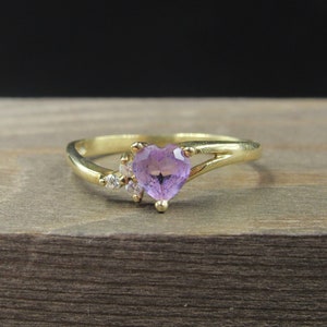 Size 6.5 10K Gold Heart Amethyst & Triple CZ Accent Band Ring Vintage Estate Wedding Engagement Anniversary Gift Idea Beautiful Elegant