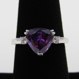 Sterling Silver Ring Size 5, 6, 7 Trillion Cut Purple Cubic Zirconia Diamond Band Handmade Everyday Statement Minimalist Cute Gift Idea Cool