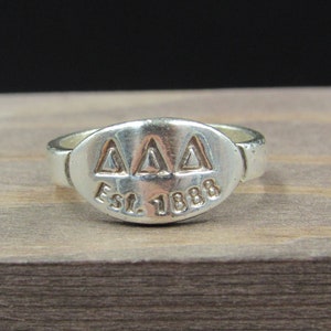 May include: A silver ring with an oval-shaped band. The band is engraved with three triangles and the text "Est. 1888".