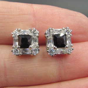 Sterling Silver Square Black Cubic Zirconia Gem Earrings Vintage Wedding Engagement Anniversary Beautiful Everyday Minimalist Cute Cool