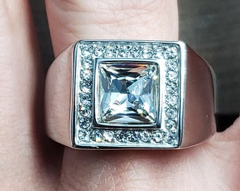 Size 12.5 Stainless Steel Clear Crystals Heavy Band Ring