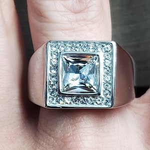 Size 12.5 Stainless Steel Clear Crystals Heavy Band Ring