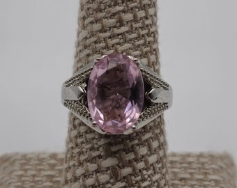 Size 7 Silver and Copper Tone Large Pink Cubic Zirconia Gem Ring