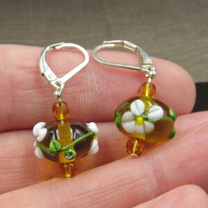 Sterling Silver Orange Glass White Flower Earrings