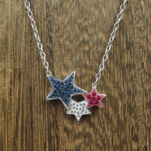 16&quot; Sterling Silver Red White Blue Crystal Stars Necklace Vintage Minimalist Everyday Simple Beauty Statement Unique Pretty Cute Special