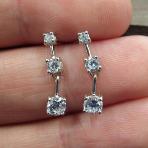 Sterling Silver Triple Circle Cubic Zirconia Dangle Earrings Vintage Wedding Engagement Anniversary Beautiful Everyday Minimalist Cute