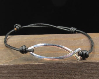 8 Inch Sterling Silver & Leather Fish Bracelet