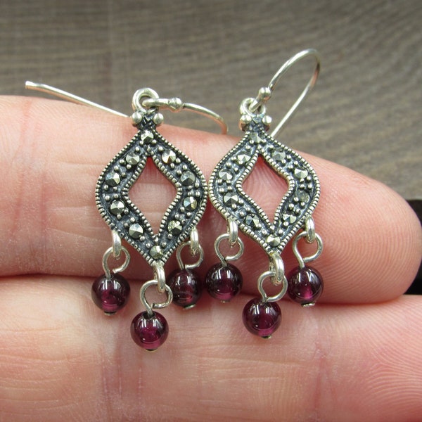 Sterling Silver Marcasite And Triple Garnet Stone Dangle Earrings