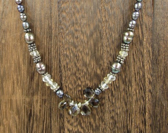 17" Sterling Silver Citrine Smokey Quartz & Pearl Necklace Vintage Minimalist Everyday Beautiful Sexy Special Gift Idea Bohemian Unique