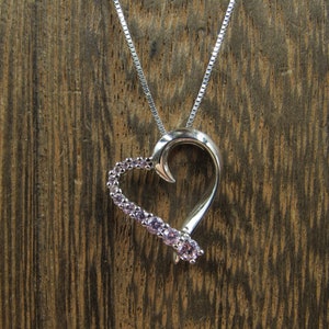 18&quot; Sterling Silver Heart With Pink Cubic Zirconia Necklace Vintage Minimalist Everyday Simple Beauty Statement Unique Pretty Cute