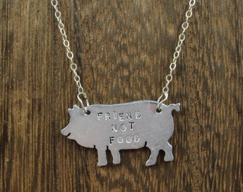 16" Sterling Silver Friend Not Food Pig Pendant Necklace Vintage Minimalist Everyday Simple Beauty Statement Unique Pretty Cute