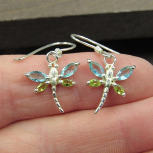 Sterling Silver Blue And Green Glass Dragonfly Gem Earrings