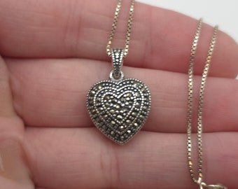 18 Inch Sterling Silver Marcasite Heart Necklace A591