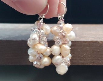 925 Sterling Silver Handmade Pearl And Crystal Cluster Earrings