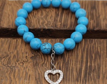 6 Inch Sterling Silver Blue Stone CZ Heart Expandable Bracelet B200