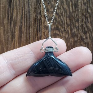 18 Inch Sterling Silver Banded Obsidian Stone Whale Tail Necklace