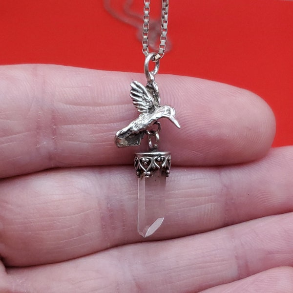 20 Inch 925 Sterling Silver Flying Bird And Quartz Stone Pendant Necklace