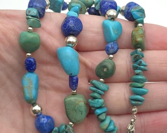 17+3 Inch Sterling Silver Turquoise And Lapis Lazuli Stones Necklace B271
