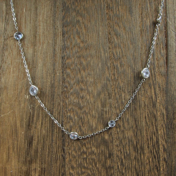 16" Sterling Silver Many Round CZ Stones Necklace Vintage Minimalist Everyday Simple Beauty Statement Unique Pretty