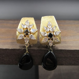 Sterling Silver Gold Plated CZ & Black Stone Earrings Vintage Wedding Engagement Anniversary Beautiful Everyday Minimalist Cute
