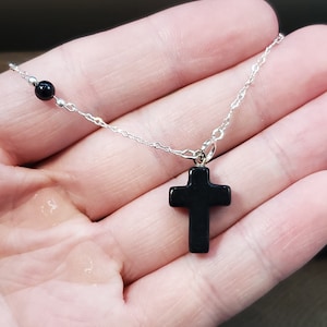 8 Inch Sterling Silver Black Stone Cross Charm Bracelet