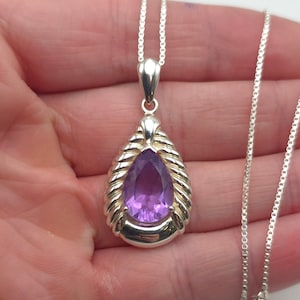 24 Inch 925 Sterling Silver Large Pear Amethyst Gem Pendant Necklace