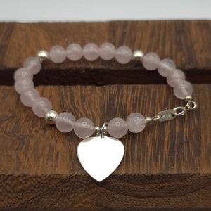 7 Inch 925 Sterling Silver Rose Quartz Beautiful Stone Heart Bracelet