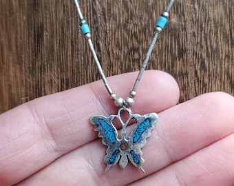 18 Inch Sterling Silver Heavily Tarnished Turquoise Butterfly Necklace