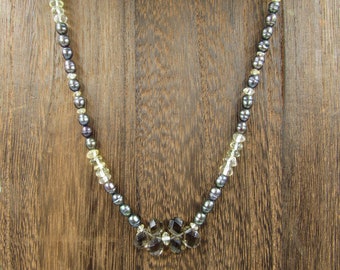 17" Sterling Silver Pearl Citrine & Smokey Quartz Necklace Vintage Minimalist Everyday Beautiful Sexy Special Gift Idea Bohemian Cute
