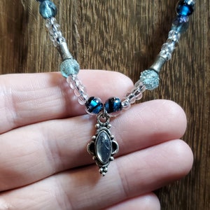 18 Inch 925 Sterling Silver Worn Beaded Labradorite Pendant Necklace
