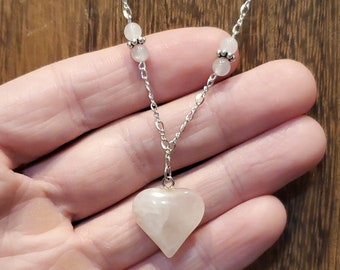 16 Inch 925 Sterling Silver Rose Quartz Heart And Stones Chain Necklace